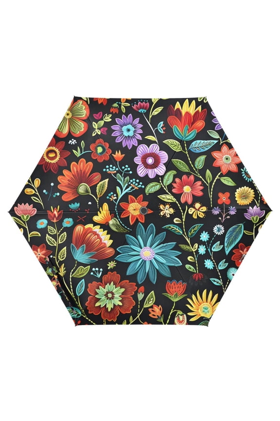 Retro Blooming Flowers UPF 50+ Compact Folding Umbrella for Rain Travel Umbrella Packable