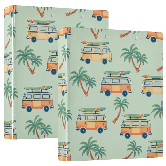 ALAZA Retro Bus Palm Tree Hardcover 3 Ring Binder 1.5" D-Rings with Interior Pockets Binders School 2 PCs