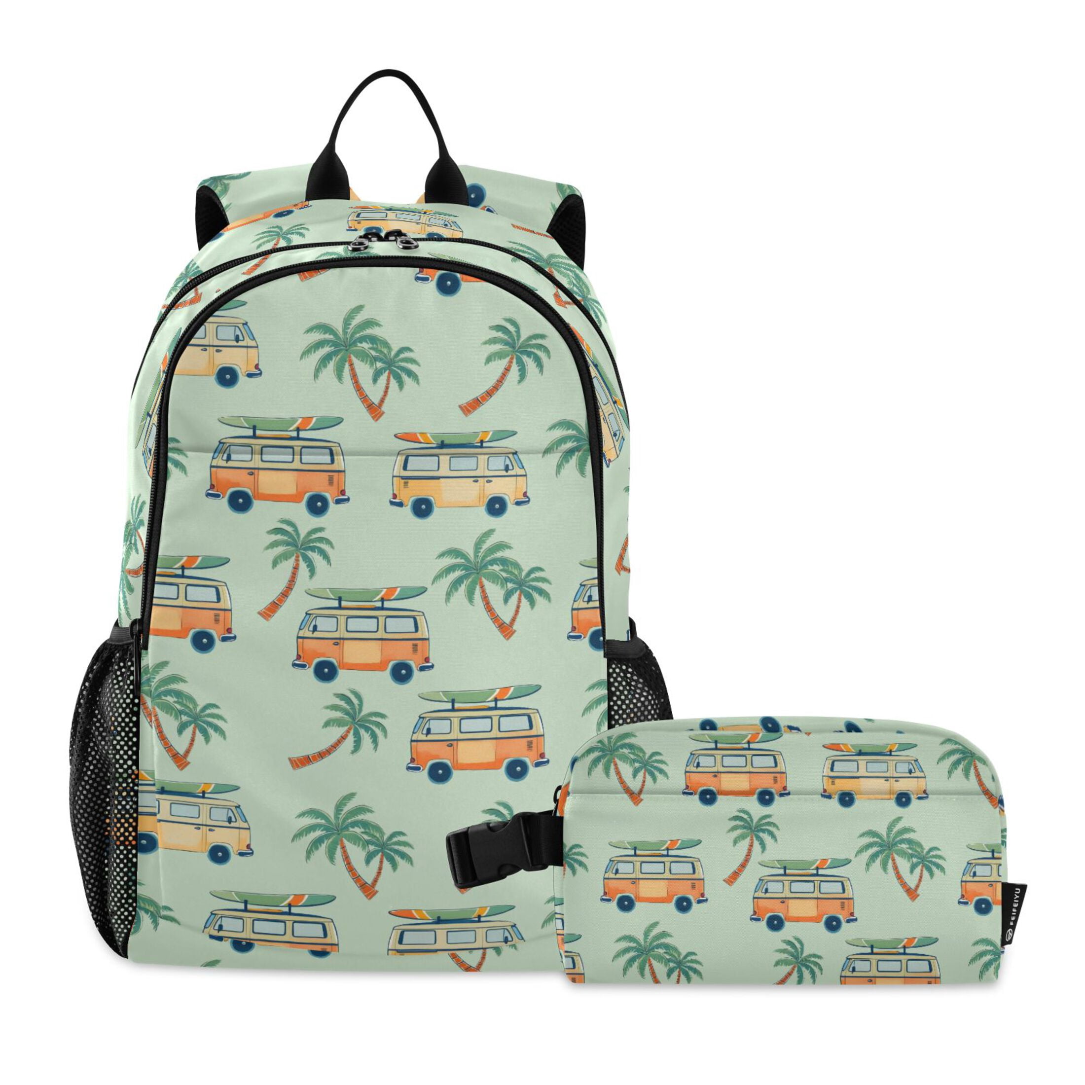 ALAZA Retro Bus Palm Tree School Backpack Lunch Box Set Student Bookbag ...