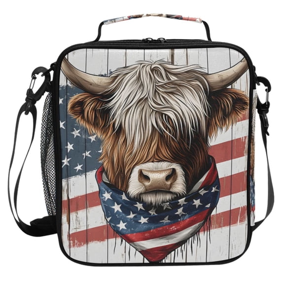 ALAZA Retro Highland Cattle Usa Flag Lunch Box Insulated Cooler Lunch Bag with Shoulder Strap Meal Prep Tote