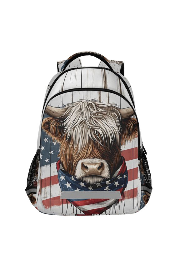Retro Highland Cattle Usa Flag Pattern Backpack Elementary School Bags Student Bookbag Travel Rucksack
