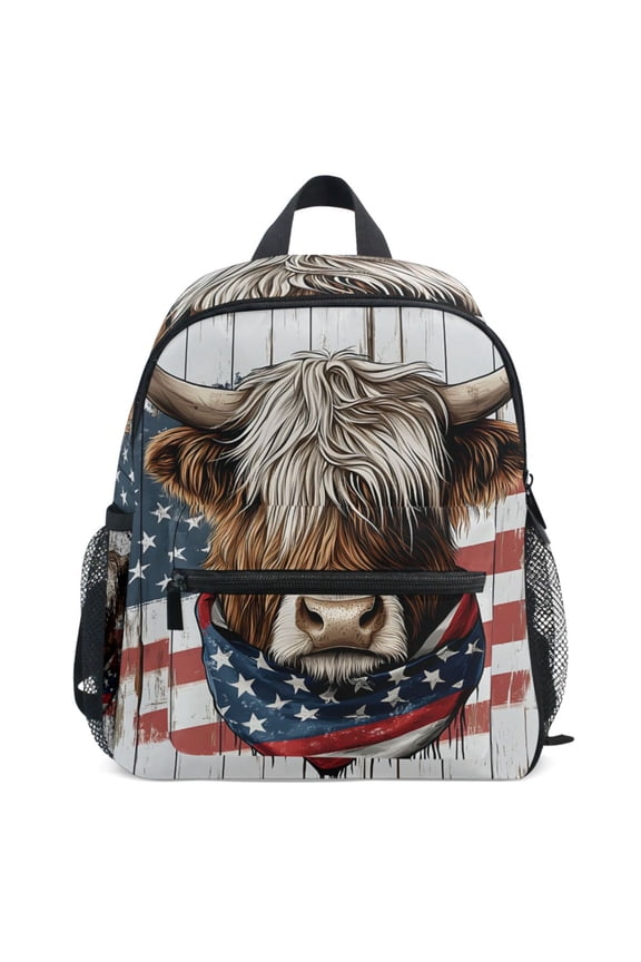 Retro Highland Cattle Usa Flag Pattern School Backpack Student Bookbag Mini Bag