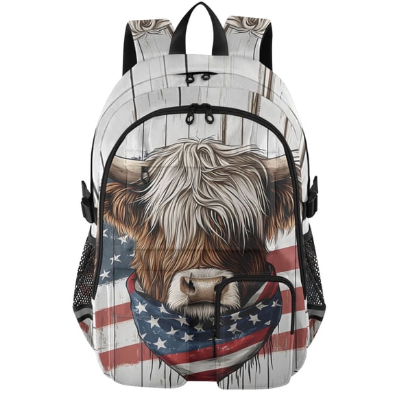ALAZA Retro Highland Cattle Usa Flag Print Student Backpack School Bookbag Large Laptop Daypack Travel Bag