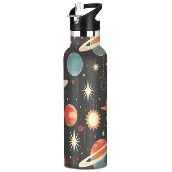 ALAZA Retro Space Planets Rockets Pattern Stainless Steel Water Bottle Vacuum Insulated Leak-Proof Tumbler with Straw Handle 20oz