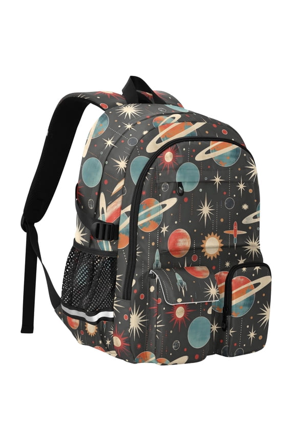 Retro Space Planets Rockets Print Student Backpack School Bookbag Large Laptop Daypack Travel Bag