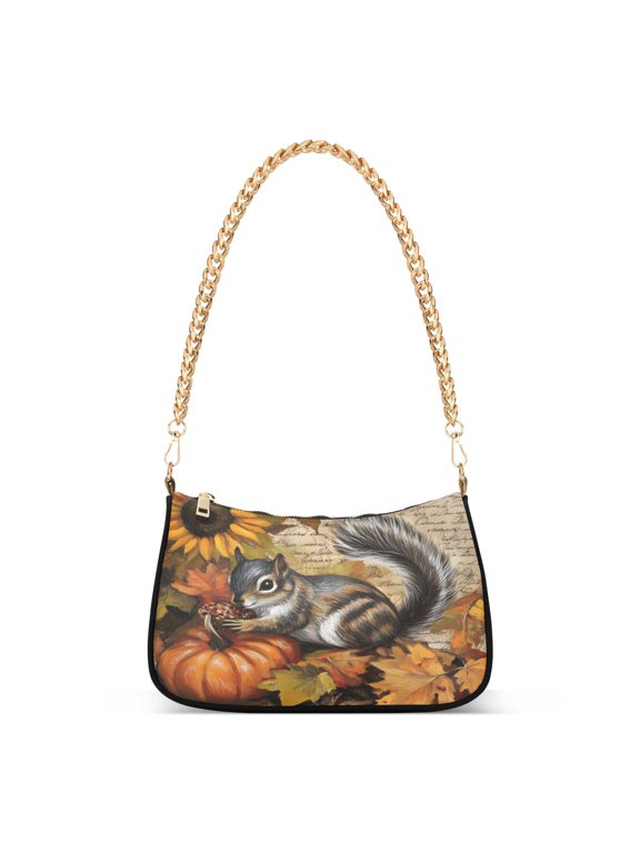 Retro Squirrel Thanksgiving Sunflower Women's Chain Shoulder Bag Hobo Handbag Tote Crossbody Purse