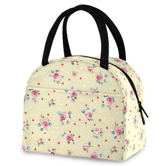ALAZA Rose Flower Polka Dots Insulated Lunch Box Reusable Cooler Tote Bag Work Office Picnic