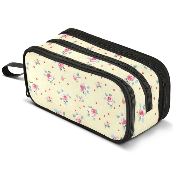 ALAZA Rose Flower Polka Dots Pencil Case Bag Large 3 Compartment Pen ...