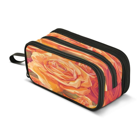 ALAZA Rose Orange Pencil Case Bag 3 Compartment Pen Pouch Large Storage Holder Box Organizer