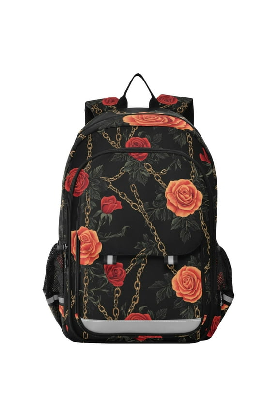 Rose with Chain Laptop Backpack Purse Travel Bag Casual School Bookbag Rucksack for Women Men