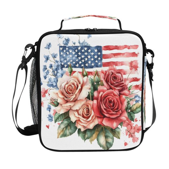 ALAZA Roses American Flag Lunch Box Insulated Lunch Bag Reusable Thermal Cooler Tote School Picnic