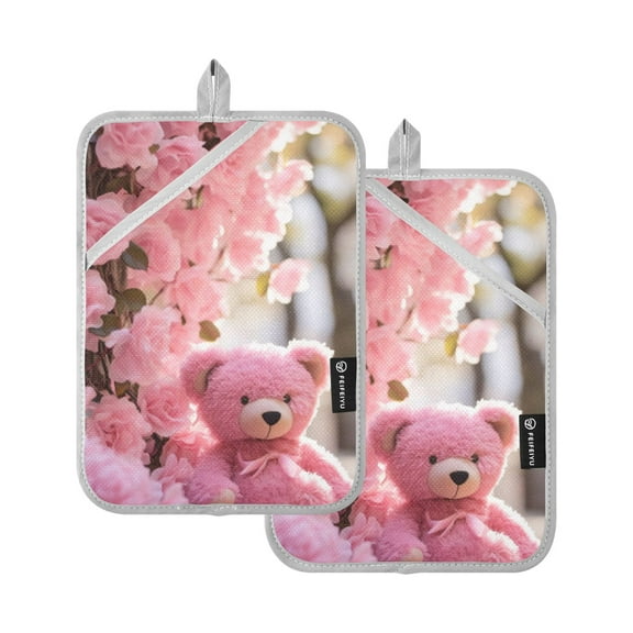 ALAZA Roses Flwoers Bear Pot Holders Set of 2 Heat Resistant Kitchen Oven Mitts