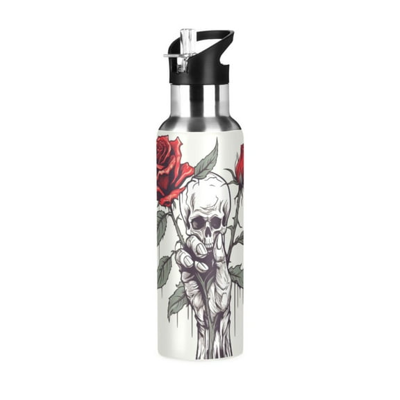 ALAZA Roses Skull Hand Water Bottle Insulated Flask Stainless Steel Straw Lid 20 oz