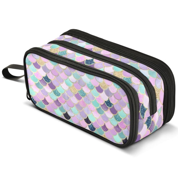 ALAZA Scales Glitter Shiny Pencil Case Bag Large 3 Compartment Pen Pouch Holder Box Storage Organizer