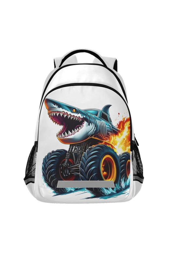 Shark Monster Truck Pattern Backpack Elementary School Bags Student Bookbag Travel Rucksack