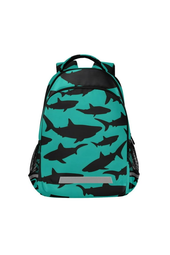 Shark Silhouette Green Backpack Elementary School Bag Bookbag Travel Rucksack