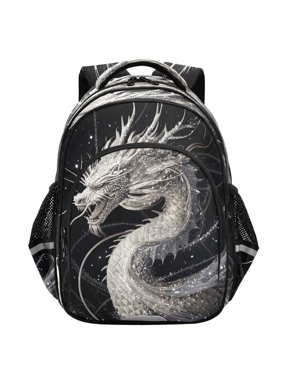 Silver Art Dragon School Backpack Elementary Bag Student Bookbag Travel Rucksack
