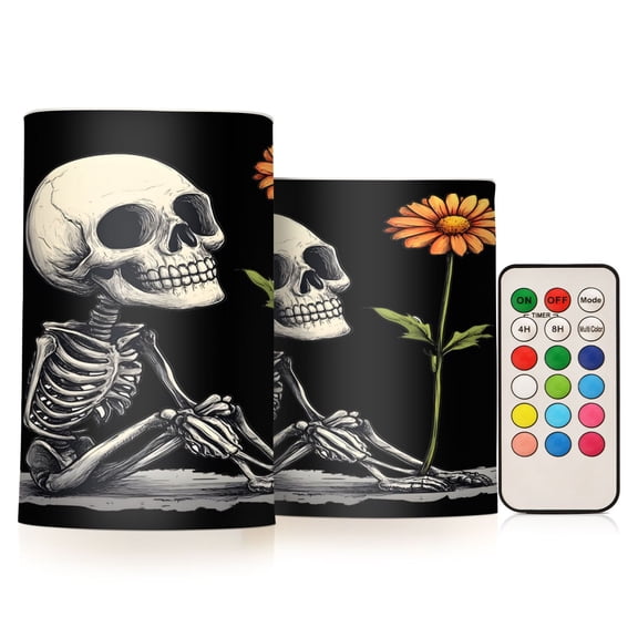 ALAZA Skeleton and Sunflower 2 PCs LED Flickering Flameless Candles with Remote Timer Battery Operated Candle