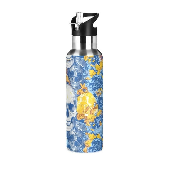 ALAZA Skull Art Paint Water Bottle Insulated Flask Stainless Steel Straw Lid 20 oz
