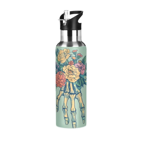 ALAZA Skull Flowers Halloween Water Bottle Insulated Flask Stainless Steel Straw Lid 20 oz