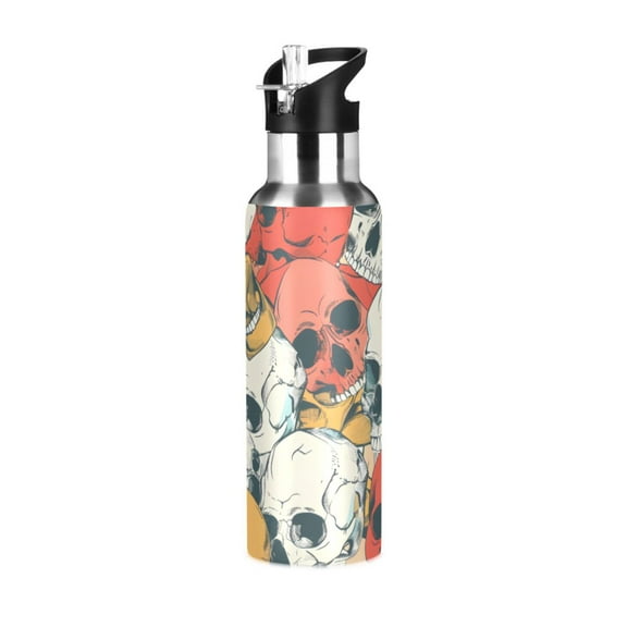 ALAZA Skull Head Hand Drawn Water Bottle Insulated Flask Stainless Steel Straw Lid 20 oz