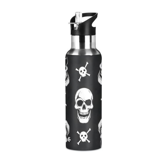 ALAZA Skull Pattern Water Bottle Insulated Flask Stainless Steel Straw Lid 20 oz