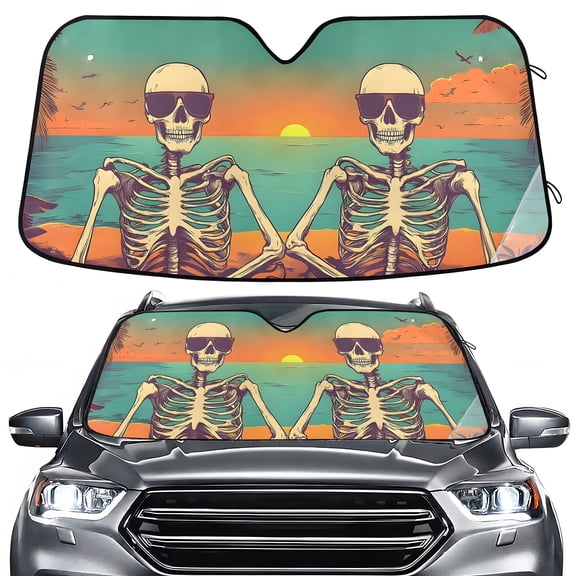 ALAZA Skull Tropical Beach Sunset Pattern Car Windshield Sun Shade Foldable UV Ray Sunshade Visor Protector 55 x 27.6in