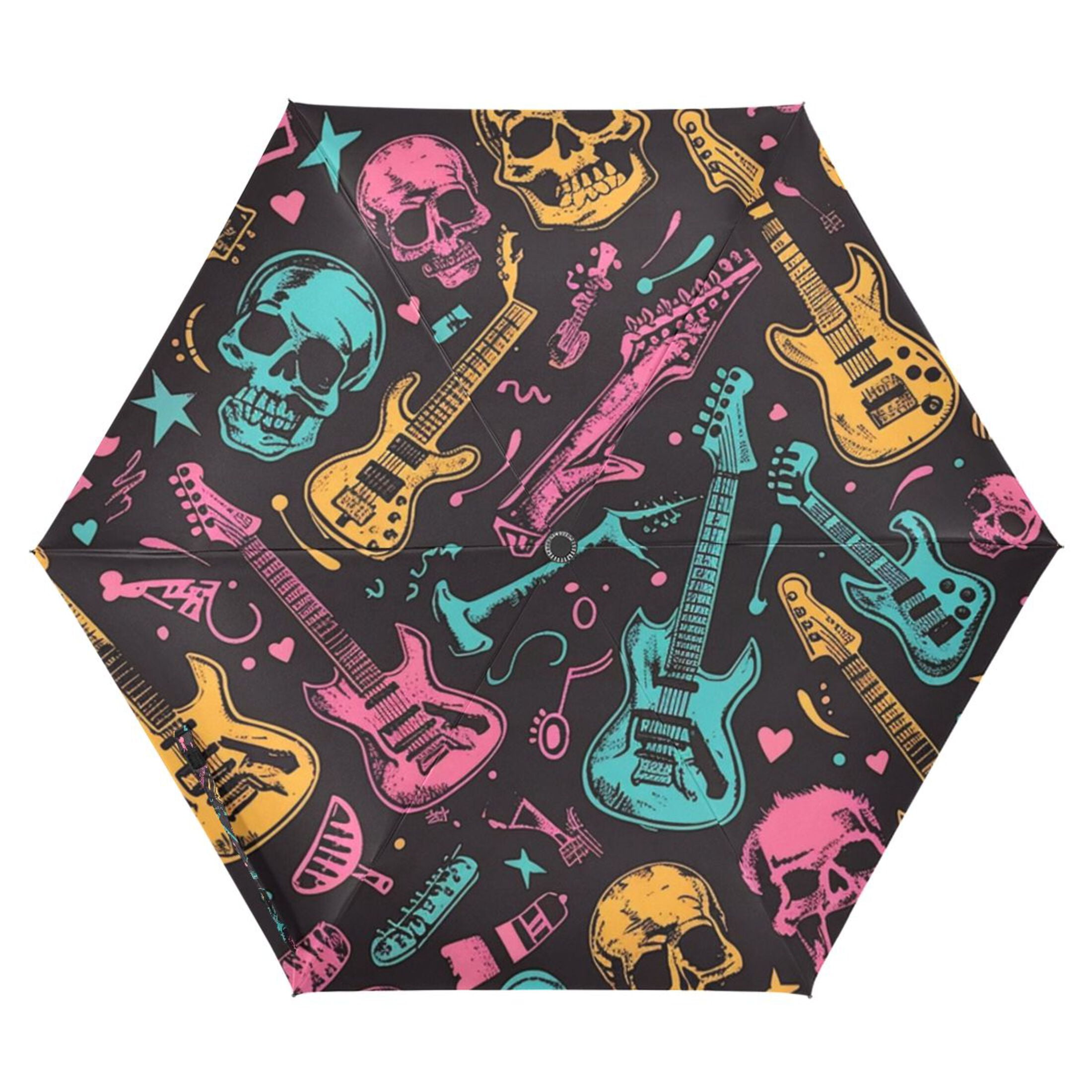 ALAZA Skull and Guitars UPF 50+ Compact Folding Umbrella for Rain Travel Umbrella Packable