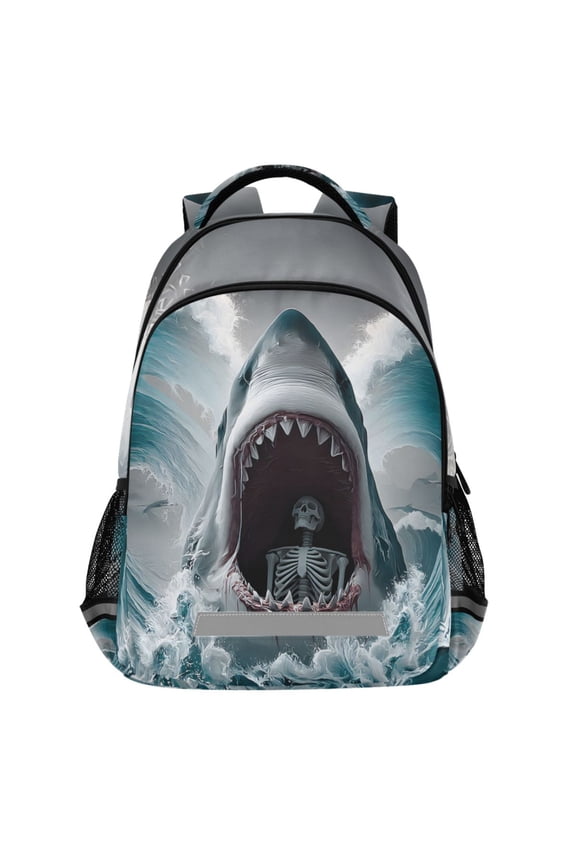 Skull in Shark Pattern Backpack Elementary School Bags Student Bookbag Travel Rucksack