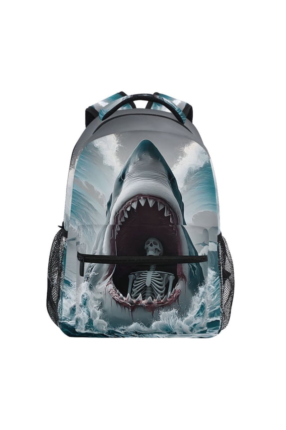 Skull in Shark Pattern School Backpack Elementary Stylish Bookbag Laptop Bags Travel Daypack