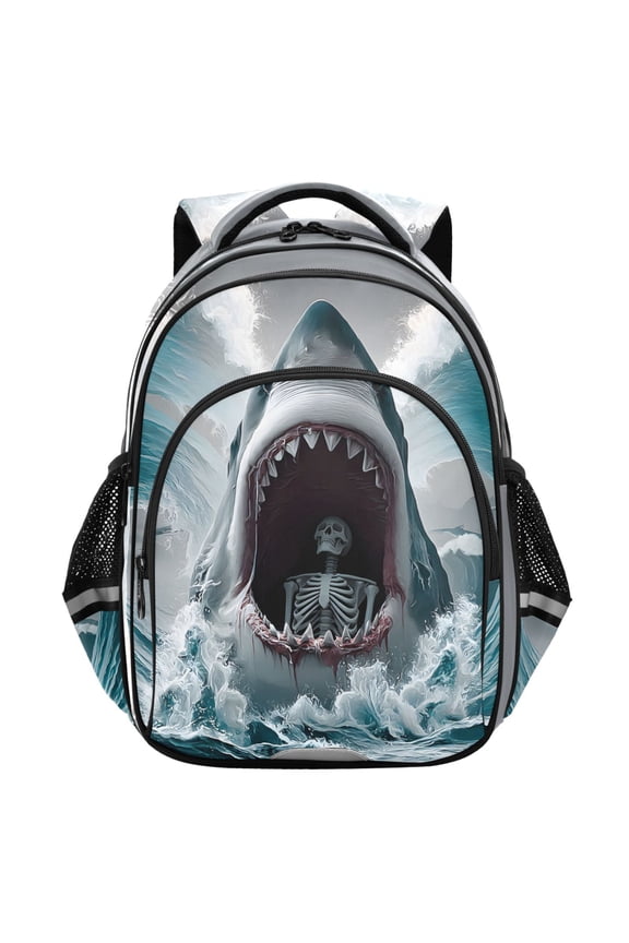 Skull in Shark School Backpack Elementary Bag Student Bookbag Travel Rucksack