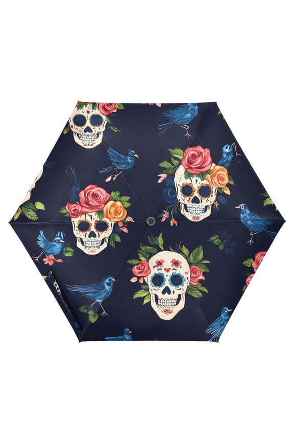 Skulls Roses UPF 50+ Compact Folding Umbrella for Rain Travel Umbrella Packable