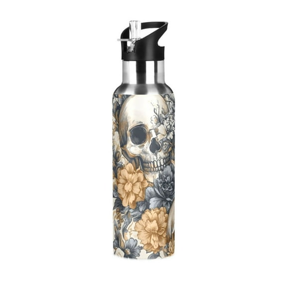 ALAZA Skulls Tropical Flower Water Bottle Insulated Flask Stainless Steel Straw Lid 20 oz