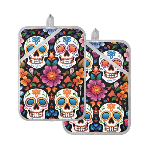 ALAZA Skulls and Roses Flowers Pot Holders Set of 2 Heat Resistant Kitchen Oven Mitts