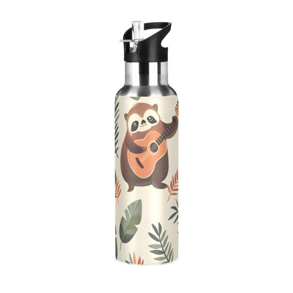 ALAZA Sloth Play Guitar Palm Leaf Water Bottle Insulated Flask Stainless Steel Straw Lid 20 oz