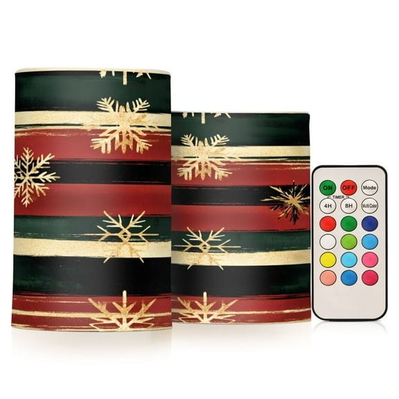 ALAZA Snowflakes on Watercolor Stripe 2 PCs LED Flickering Flameless Candles with Remote Timer Battery Operated Candle