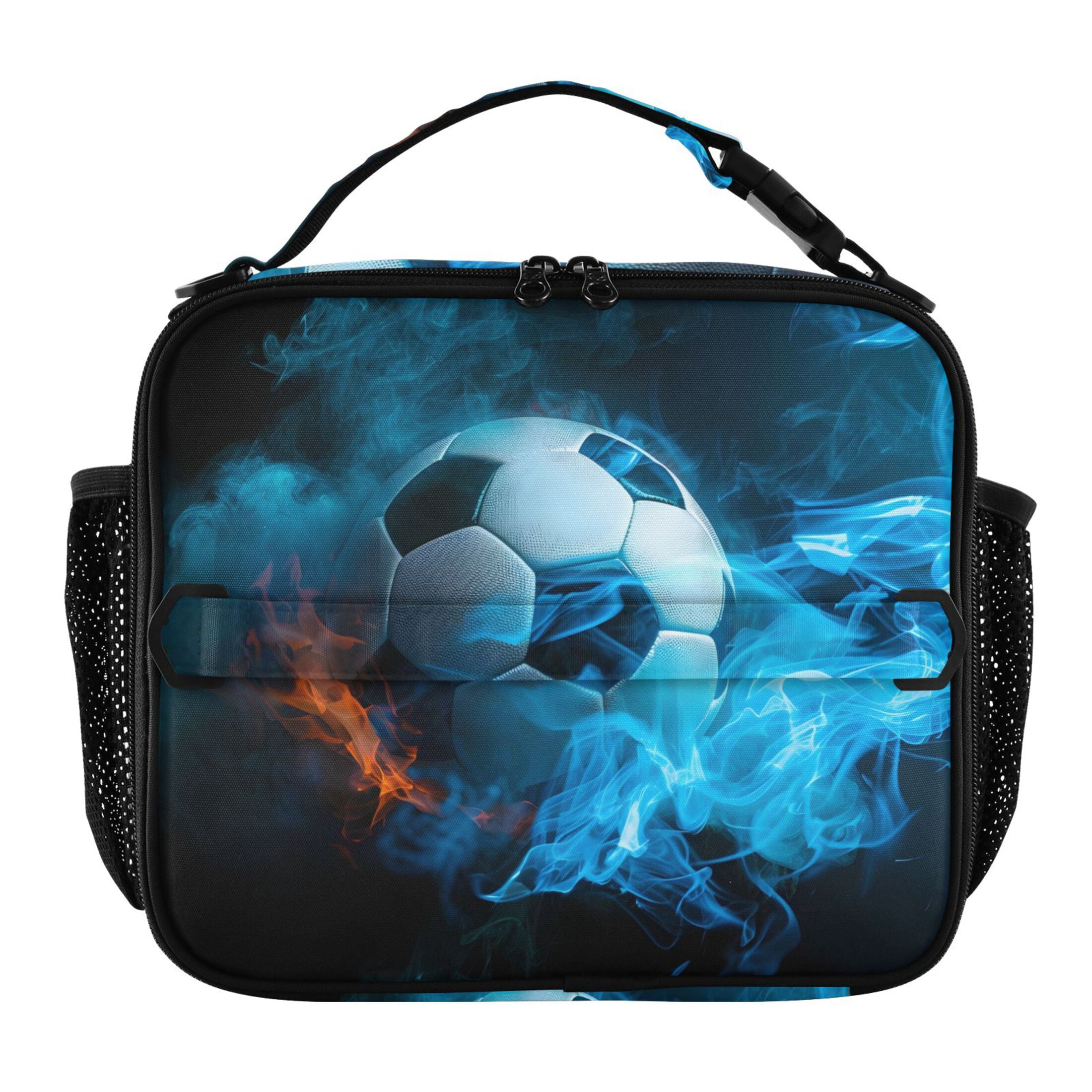 ALAZA Soccer Ball with Fire Lunch Box Insulated Lunch Bag Cooler Tote with Shoulder Strap