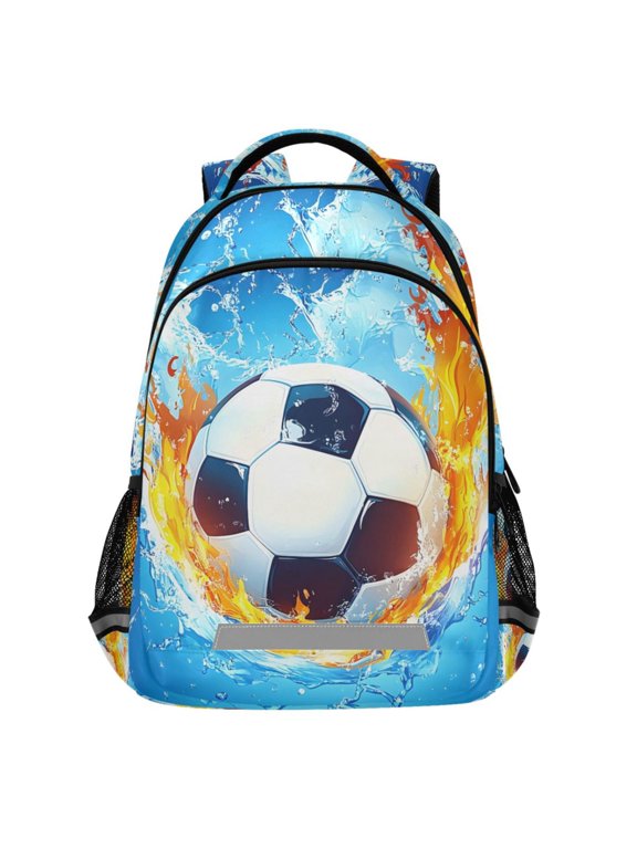 Soccer Ball with Flame Pattern Backpack Elementary School Bags Student Bookbag Travel Rucksack