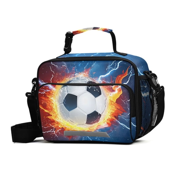 ALAZA Soccer with Fire Lightning Lunch Box Insulated Cooler Bag Reusable Tote Bags with Shoulder Strap