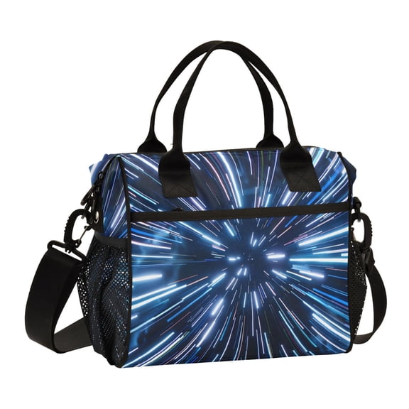 ALAZA Space Light Blue Neon Stripes Insulated Lunch Bag Reusable Tote Box Adjustable Shoulder Strap for Work Picnic