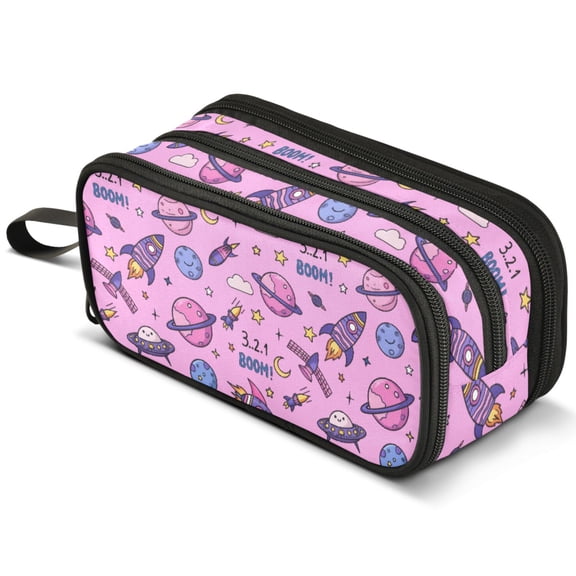 ALAZA Space Rocket Planets Pencil Case Bag Large 3 Compartment Pen Pouch Holder Box Storage Organizer