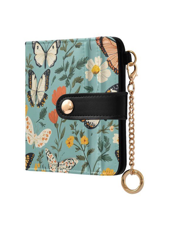 Spring Butterflies Floral-a7 Pattern RFID Blocking Bifold Wallet Women Compact Card Holder with ID Window Zipper Coin Pocket