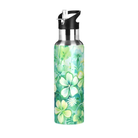 ALAZA St Patrick Clover Flower Water Bottle Insulated Flask Stainless Steel Straw Lid 20 oz