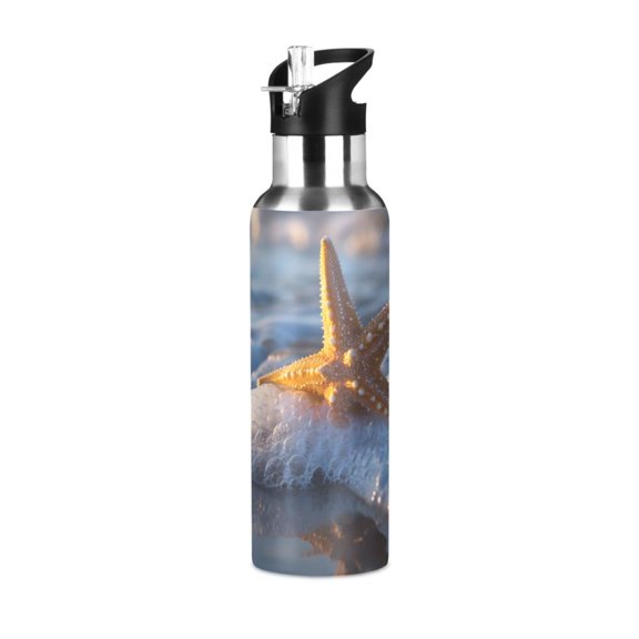 ALAZA Starfish on Sea Beach Water Bottle Insulated Flask Stainless Steel Straw Lid 20 oz