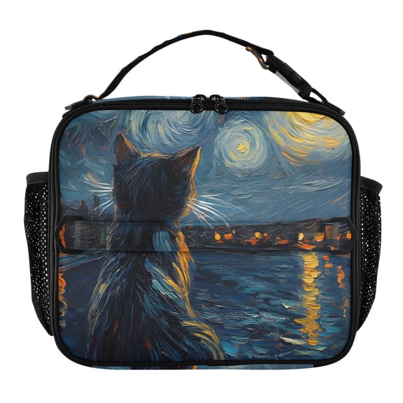 ALAZA Starry Night Cat Lunch Box Insulated Lunch Bag Cooler Tote with Shoulder Strap