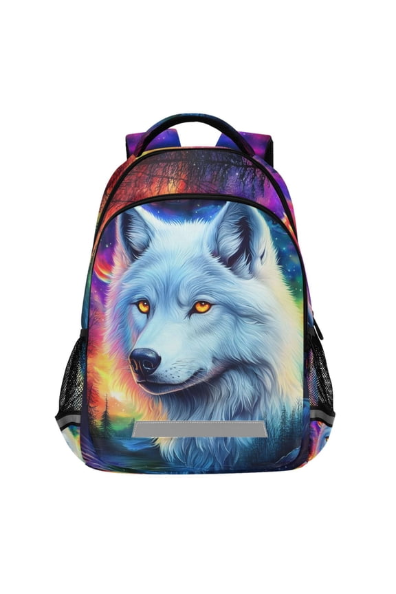 Starry with Wolf Pattern Backpack Elementary School Bags Student Bookbag Travel Rucksack