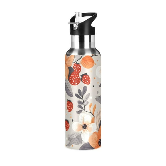 ALAZA Strawberry Flower Water Bottle Insulated Flask Stainless Steel Straw Lid 20 oz