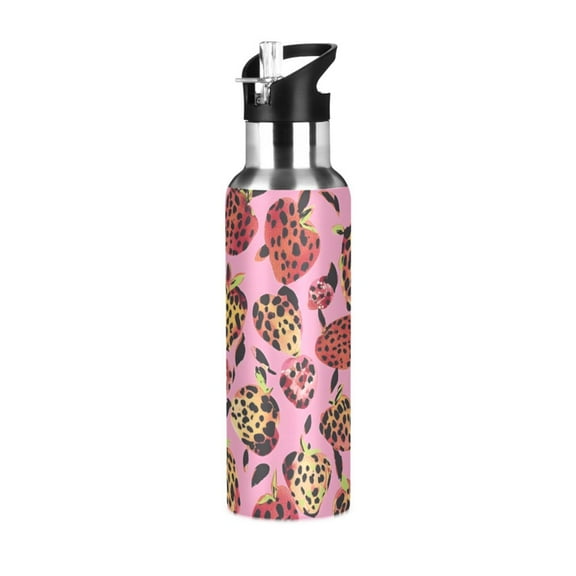 ALAZA Strawberry Shape Leopard Water Bottle Insulated Flask Stainless Steel Straw Lid 20 oz