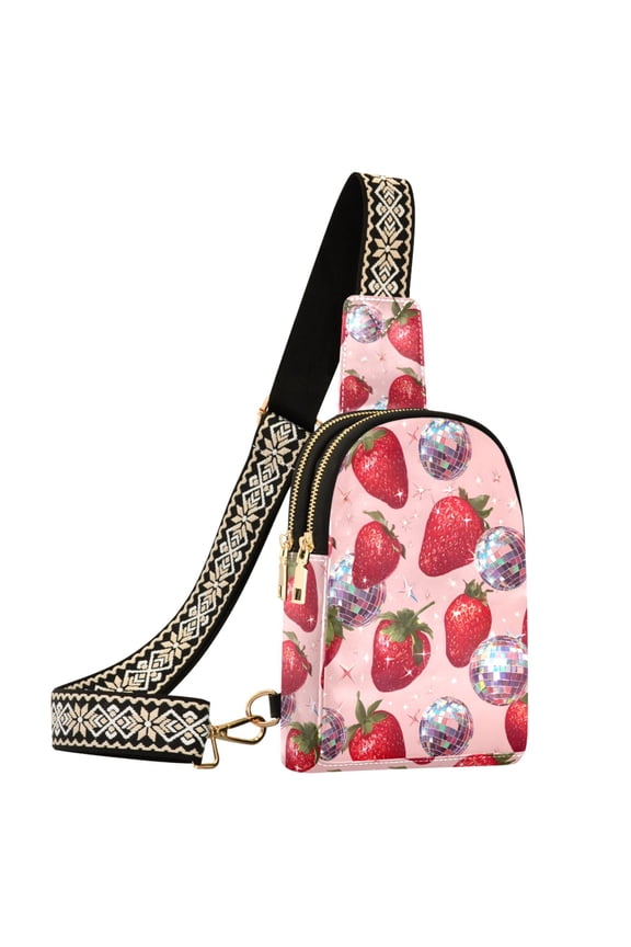 Strawberry Sparkling Disco Balls Sling Bag for Women Men Waterproof Crossbody Chest Bags