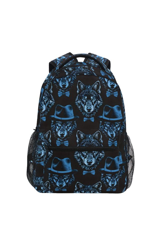 Stylish Backpack Blue Wolf with Hats Elementary Bookbag Personalized Laptop School Bags Travel Daypack